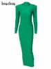 Robes décontractées Hawthaw épaule rembourrée à manches longues moulante vert fête club maxi robe printemps automne femmes mode vêtements élégants 221114