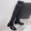 Stiefel High Heel Stiefel Socken Rockoko Stretch Strick Schwarz Leder Biker Over