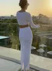 Two Piece Dress Tossy Knitted Women Outfits Long Sleeve Crop Top and Midi Skirt High Split Out Set Female Bodycon White 221115