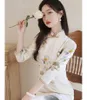 Ethnic Clothing Autumn Beige Suede Cheongsam Lotus Print Long Sleeve Vintage Dress Women Costumes Elegant Qipao S To XXL