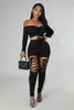 Womens Two Piece Pants Off the Shoulder 2 Set Women Sexy Long Sleeve Lace Up Ruched Crop Top Cut Out Skinny Club Party Outfits Sets 221115