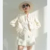 Womens Two Piece Pants Luxury Winter Thick Fabric Beige Color Feather Patchwork Jacket Shorts 2 Piecee Set Slim Street Suits 221115