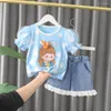 Ensembles de vêtements mignon été ensemble pour bébé fille imprimé col en dentelle haut Denim Shorts Costume 1 2 3 4 ans enfants robe de princesse