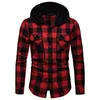 M￤ns avslappnade skjortor Luclesam Men's Plaid Hooded Shirt Double Flap Pockets Button Up Long Sleeved Business Sleeve Tops