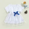 소녀 드레스 유아 아기 드레스 프릴 짧은 소매 v-목 더블 레이어 메쉬 보우 장식 나비 패턴 여름 2022