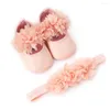 Första vandrare White Pink Bowknot Baby Girl Soft Sole Shoes Toddler Prewalker Baptism Dop Bed Summer pannbandsset