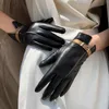 Перчатки с пятью пальцами Элитный бренд Перчатки из козьей кожи Женские зимние кожаные перчатки с толстой подкладкой Черные золотые перчатки для вождения из овчины S2528 221115