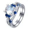 Anneaux de mariage Hainon mode doigt conception Micro pavé bleu croix Zircon bague de fiançailles ensemble pour les femmes cadeaux