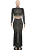 Vestido de duas peças Krisesseen Sexy Black Shine Crystal Sheer Saia Set Mulheres Manga Longa Top e Maxi Ternos Night Clubwear 221115