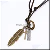 Pendant Necklaces Punk Bird Feather Pendant Necklace Ancient Letter Id Cross Charm Adjustable Leather Chain Necklaces For Women Men Dhzkq