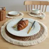 Natural Woven Placemats Straw Braided Tablemats Handmade Water Hyacinth Round Tassel Boho No-Slip Heat Resistant Rattan Table Mat MJ1114