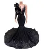 2023 Sexy Lange Elegante Abendkleider Meerjungfrau Stil Single Langarm Schwarz Pailletten applique Afrikanische Mädchen Gala Prom Party kleid