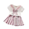 Sukienki dziewczynki Zestawy moda dziewczyny Summer Princess Plaid Spódniczka garnitur dla dzieci w stylu szkolnym mundurem plisowany dwuczęściowy zestaw