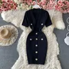 2022 Casual Dresses new design women's v-neck short sleeve high waist knitted buttons patched pencil short dress