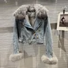 Womens Leather Faux PREPOMP Winter Fur Collar Rabbit Liner Double Breasted Metal Buttons Belt Light Blue Warm Denim Jacket Women GG896 221115