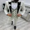 Three Pieces White Wedding Tuxedos 2022 Black Shawl Lapel Waistcoat Satin Slim Men Formal Party Suits Handsome Elegant Groom Suits Coat Pant Vest