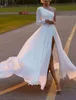 A-Line Wedding Dress Illusion Neck Chiffon Long Sleeve Country Beach Sexy with Pearls Split Front Bridal Party Gowns For Women 2023 Vestidos De Noiva