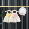 Fille robes 2 pièces été né ensemble coréen bébé vêtements mode impression plage mignon arc fleur enfant en bas âge princesse robe chapeau BC2239