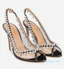 Aquazzu Sandals 신발 하이힐 PVC 슬링 백 펌프 여성을위한 여름 품질 크리스탈-벨리쉬 메탈릭 가죽 레이디 섹시