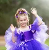 2023 Purple Princess Flower Girl Robes Sweep Train Off ￩paule Perles en dentelle 3D Fleurs Gilrs Robe de concours Petit enfants