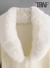 여자 니트 티 티 트래프 여성 패션 넥타이 가짜 모피 칼라 니트 가디건 스웨터 빈티지 긴 소매 장착 여성 겉옷 세련된 탑 221115