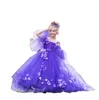 2023 Purple Flower Girl Dresses Princess Spaghetti Straps Off Axel spetsp￤rlor 3D Flowers Gilrs Pageant Dress Little Kids First Communion Dress Sweep Train