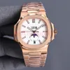 Gold Mens 시계 우아한 움직임 자동 자동차 날짜 PAT 40mm 편안한 가죽웨어 스트랩 방수 Luminous Wristwatch Montre De Luxe Watch Aquanaut