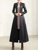 Kadın Deri Sahte Lautaro Bahar Sonbahar Uzun Siyah Yumuşak Su geçirmez Ceket Kadın Kemer Kolu Tek Kesin Kruvaze Lüks Moda 221116