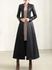 Pelle da donna Faux Lautaro Primavera Autunno Lungo Nero Morbido Cappotto impermeabile Cintura da donna Manica monopetto Moda di lusso 221116