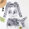 Drucken Bikinis mit Langen Ärmeln Cover Ups Badeanzug Frauen Röcke 4 Stück Set Bademode Weibliche String Neckholder Badeanzug Sommer