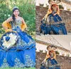 Meksykański Quinceaera luksus detal złota haft haftowe sukienki Quinceanera 2019 maskarada suknia balowa królewska niebieska sweety 16 dziewczyny PROM PA1032256