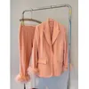 Womens Two Piece Pants Ostrich Hair Decoration Pure Color Blazer Coat Cropped Straight Trousers Set 221115