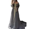 Vestidos de noite formal de mangas longas de Kaftan, elegantes mangas longas, uma linha de baile de formatura cinza da linha de baile cinza dubai arabai abaya caftan mi￧angas de ouro