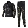 Les survêtements noirs Ripped Star Patch Men's 2 Piece Sets Fashion Slim Denim Veste assortissante Jeans skinny Spring Spring Worne Holes Ropa Hombre