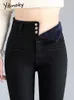 Jeans femininos Yitimoky Mulheres de l￣ engrossarem quentes estiram 3 bot￵es de inverno jeans magro jeans l￡pis Mam￣e cal￧a 221115