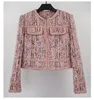 Spring Pink Contrast Trim Tweed Jacket de manga comprida no pescoço de painéis de painéis de casaco clássico casaco curto fora de roupa A2N086447