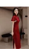 Roupas étnicas renda de verão longa cheongsam algodão vintage vestido esbelto mulheres vestidos de noiva de seda de seda vinho vermelho s para xxl