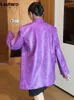 Kadın Ceketleri Lautaro Sonbahar Büyük Boy Parlak Mor Desen Sahte Deri Blazer Kadın Uzun Kollu Çift Kelime Kruvazed Y2K Ceket Moda 221115
