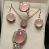 Natural Pink Jade Chalcedony S925 Silver inlagd halsbandörhängen ring smyckesuppsättning