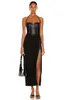 فساتين غير رسمية شارع High Street أحدث 2022 Fashion Star Style Designer Women's Leather Patchwork Halter Slit Mid-Calf Dress