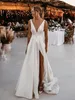 A-Line Backless Wedding Dress V Neck Court Train Satin Sleeveless Simple Sexy with Sashes Split Front Bridal Gowns 2023