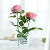 Fleurs décoratives Simulation 2 têtes Rose soie avec Pot de fleur en plastique pour la maison Table mariage centre commercial faux Flores plantes en pot