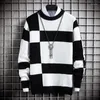 Men's Sweaters Spring Autumn Nylon Men's Sweater Round Collar Long Sleeve Pullover Loose Knitted Plaid Fashion Casual