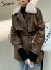 Pelliccia da donna Faux Syiwidii Cappotto in pelle Giacca invernale Donna Autunno Lana di agnello Locomotiva calda con fasce Moda coreana PU Outwear 221116