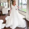 Wedding Dress Plus Size Long Sleeve Royal Train Floor Length Lace Appliques Bridal Gowns V-neck Tulle White women brides
