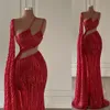 Shiny paljetter afrikanska dubai aftonklänningar en axel spetsar sjöjungfru prom klänning sexig hög delad formell festklänningar