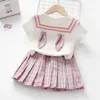 Girl's jurken sets Fashion Girls Summer Princess Plaid Sok Pak kinderschoolstijl uniform geplooide tweedelige set