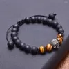 Braccialetti con ciondoli Onice nero satinato Occhio di tigre Pietra Perline Bracciale da uomo Teschio Maschio Regalo regolabile per lui Gioielli naturali