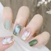 Unghie Finte 24 Pz Viola Corto Rotondo Con Aurora Flower Design Stampa Coreana Staccabile Su Finte Punte Per Manicure Acriliche