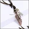 Pendant Necklaces Retro Angel Wing Necklace Letter Id Ring Corss Charm Adjustable Leather Chain Necklaces For Women Men Fashion Jewe Dhcsn